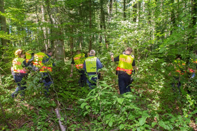 Polizisten durchkämmen 2017 den Wald in der Nähe des Leichenfundorts. 