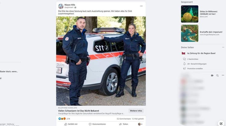«Werbung» mit Polizei-Angehörigen. Eine beliebte Masche, um Seriosität vorzutäuschen. (Screenshot Facebook)