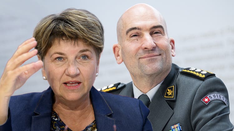 Armeechef Thomas Süssli, Verteidigungsministerin Viola Amherd: Loch von 100 Millionen wirft Fragen auf. (Keystone / Montage: kob)