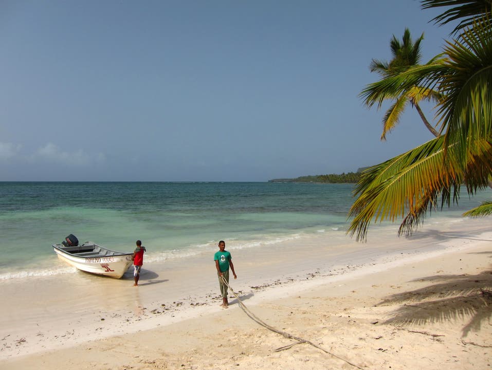 Palmen, türkises Meer und weisse Sandstrände in der Dominikanischen Republik. 