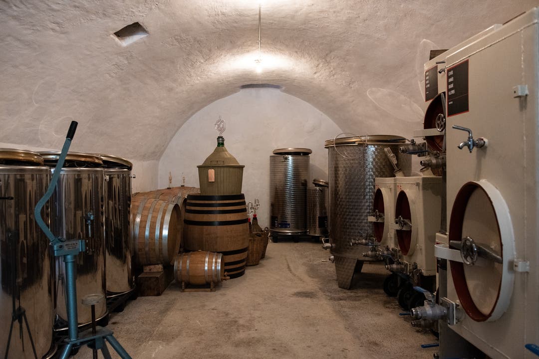 Hier im Weinkeller gärt der Wein für ungefähr sechs Monate.