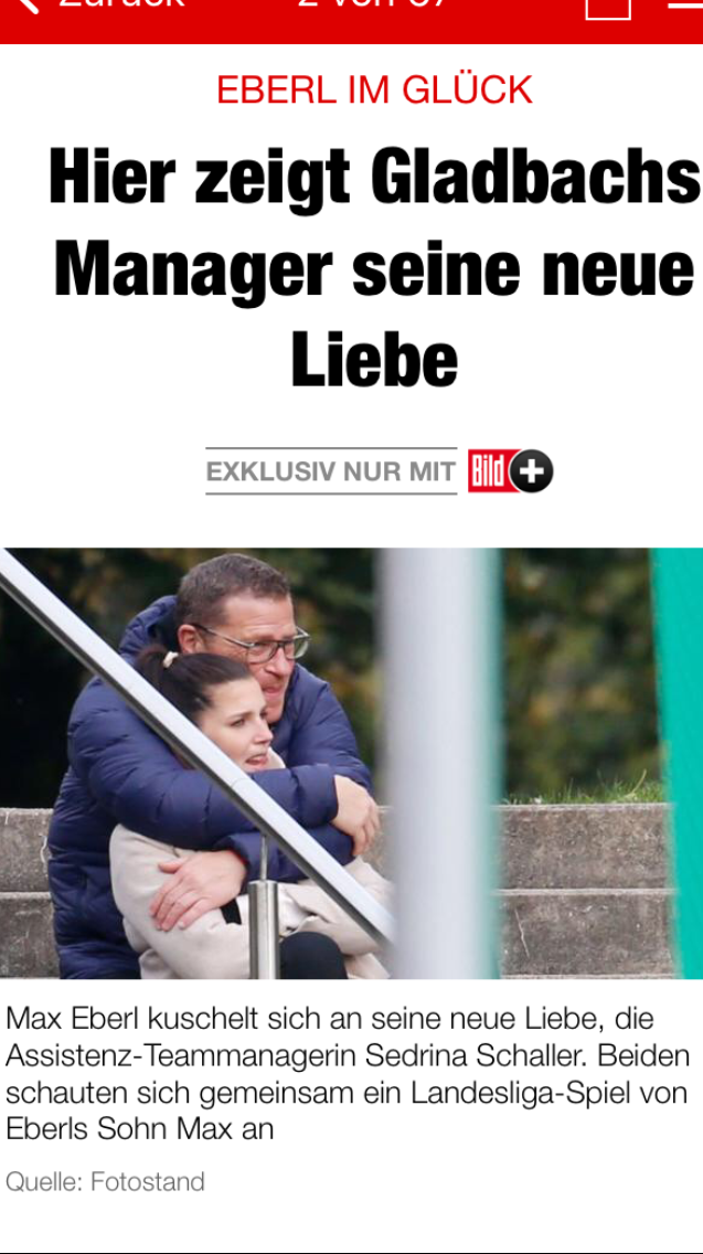 BILD reports online about the new love between Gladbach sports director Max Eberl and former Tele-1 presenter Sedrina Schaller.