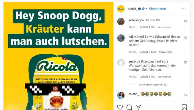 Ricolas Grussbotschaft an den US-Rapper Snoop Dogg, die auch anders verstanden werden kann, wie die Instagram-Kommentare zeigen.