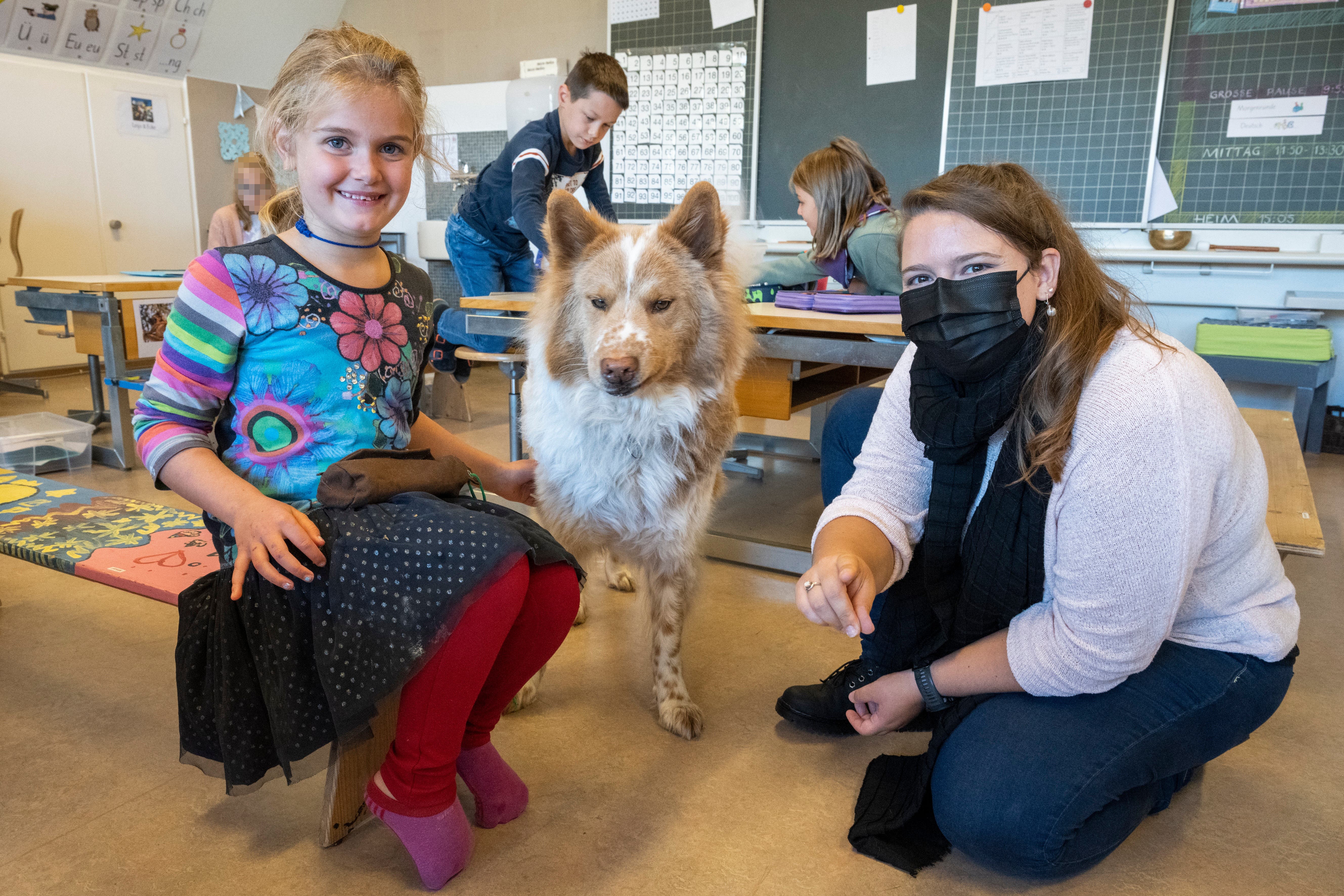Primarschul-Lehrerin Joanna Füglistaler nimmt dreimal pro Woche ihren Hund Zulu in den Unterricht in Tegerfelden mit.