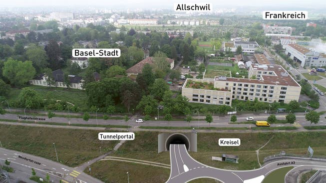 Visualisierung des Tunnelportals für den Zubringer Allschwil (Zuba): Die Schnellstrasse soll vom Bachgrabenareal zur A35/A2/3 bei der Grenze führen und via ein Kreisel ins bestehende Netz einmünden.