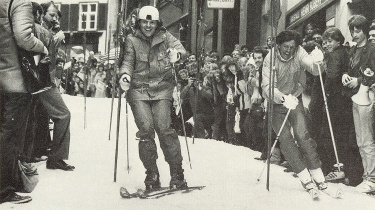 Kein Aprilscherz! Bernhard Russi beim Skirennen am Spalenberg, 1984. (zvg / Basler Stadtbuch)