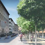 Weitgehend autofrei und mit Baum-Allee: So soll die Bahnhofstrasse künftig aussehen. Links im Hintergrund sieht man die Rampe, die zur unterirdischen Velostation führt. (Visualisierung: Stadt Luzern)