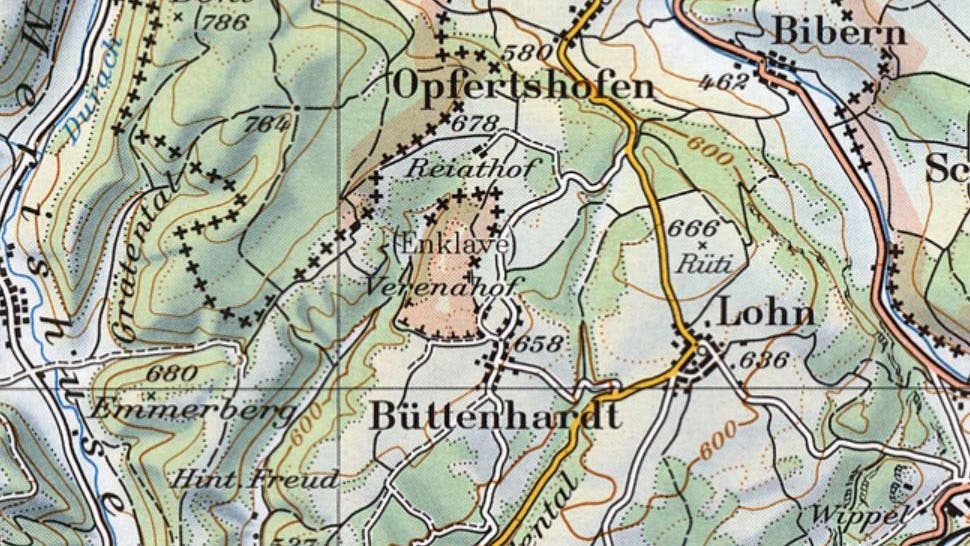 Der Verenahof, drei Höfe, waren durch einen mehrere hundert Meter breiten Landesstreifen vom deutschen Mutterland getrennt. Nach einem Gebietsabtausch fiel die Enklave der Schweiz anheim. 