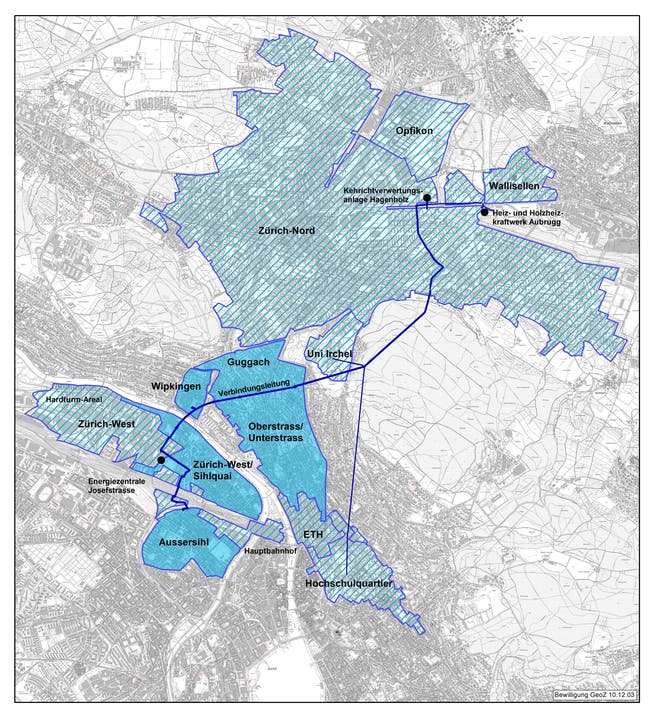 Zurich's district heating network: The hatched areas are already connected, the blue areas are to be added if the electorate approves the corresponding 330 million loan on November 28, 2021.