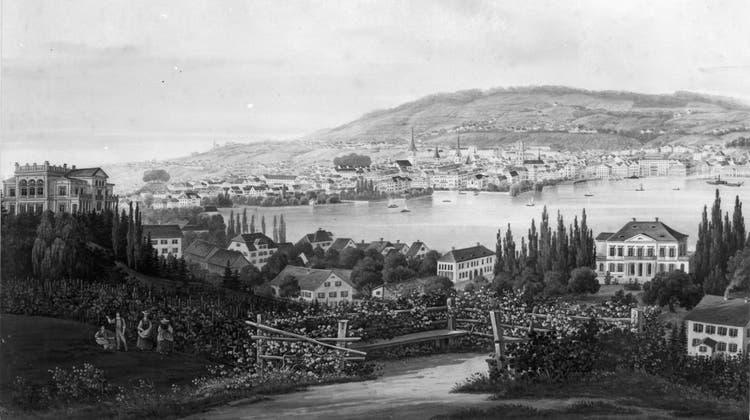 Blick über Zürich und Enge um 1860, im Vordergrund links die Villa Wesendonck (heute Museum Rietberg). (Baugeschichtliches Archiv Zürich)