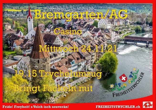 Der Flyer für den Umzug in Bremgarten auf dem Telegram-Kanal der Freiheitstrychler.
