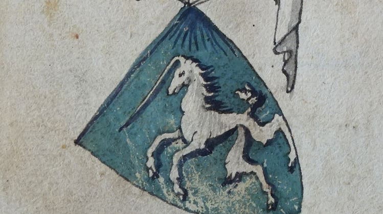 Aus dem Wappenbuch des Luzerner Stadtschreibers Renward Cysat: Wappen der Herren von Ballwil mit dem silbernen Einhorn auf blauem Grund. (Bild: Waltraud Hörsch)