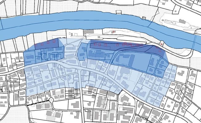 Das blaue Band oben ist die Reuss, das blaue längliche Rechteck (rechts) markiert die Schutzzonen um die Quelle Giessen. Das blaue Rechteck (links) zeigt die Quelle mit Schutzzonen der Gemeinde Windisch. Diese Quelle ist vom Projekt der Gemeinde Mülligen nicht betroffen.