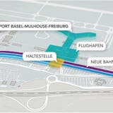 Grafik zum Bahnanschluss des Euro-Airports. Eingezeichnet ist die Linienführung und das neue Empfangsgebäude. (zVg)