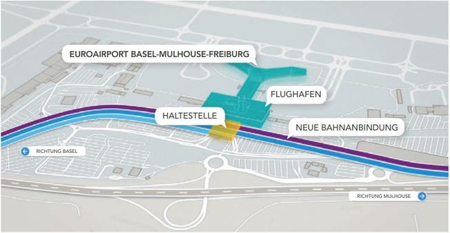 Grafik zum Bahnanschluss des Euro-Airports. Eingezeichnet ist die Linienführung und das neue Empfangsgebäude. 