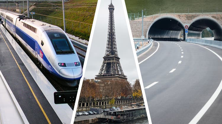 Dank Transjurane und TGV-Anschluss: Das Thal gehört zu den Deutschschweizer Regionen, die verkehrstechnisch am nächsten bei der französischen Hauptstadt liegen. (Keystone/Jérôme Iby/Dominik Roos (Montage: ckr))