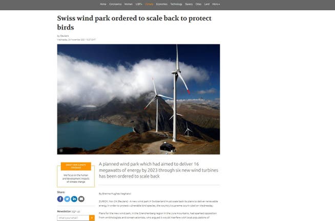 «Not exactly»: Auf dem Portal der Thomson Reuters Foundation wird der Windpark Nufenen gezeigt.