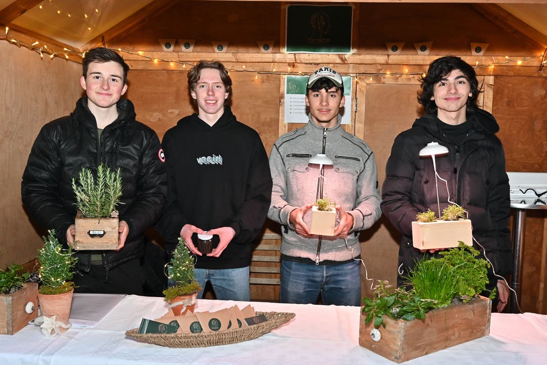 Die vier Kantischüler vom Start-up TryNew bieten ihren Mini-Kräutergarten für drinnen an (von links: Gregor von Rohr, Yves Troxler, Gavin Porcelli und Arman Göktas.