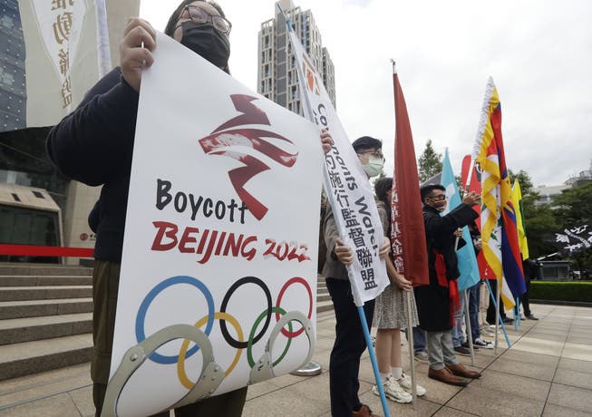 Protest in Taiwan: Demonstranten rufen zum Boykott der Spiele in China auf.