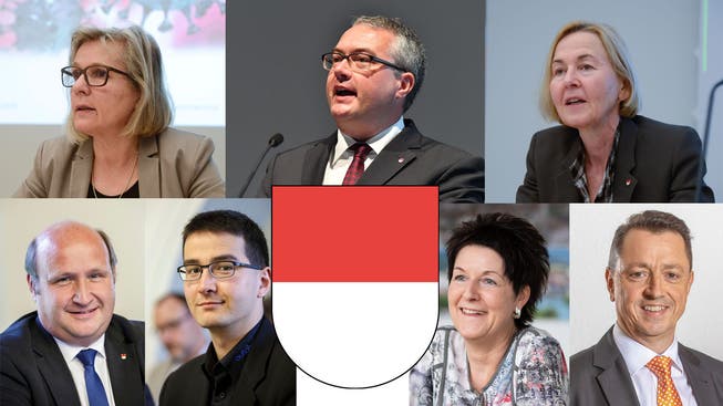 Die Kandidaten: oben v.l.n.r. die Bisherigen Brigit Wyss (Grüne), Remo Ankli (FDP), Susanne Schaffner (SP), unten v.l.n.r. die Neuen Peter Hodel (FDP), Richard Aschberger (SVP), Sandra Kolly (CVP) und Thomas A.Müller.
