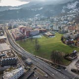 Luftaufnahme der Hochschule Luzern in Horw mit Wiesland, wo der Campus entstehen soll. (Bild: Pius Amrein (10. Januar 2021))