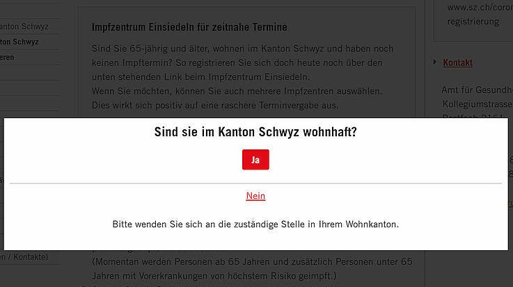 Die neue Abfrage bei einer Ameldung auf der Homepage des Kantons Schwyz. (Screenshot: sz.ch)