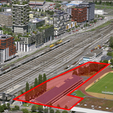Auf dem rotgefärbten Areal soll die neue Kantonsschule entstehen. (Bild: flying camera baar)