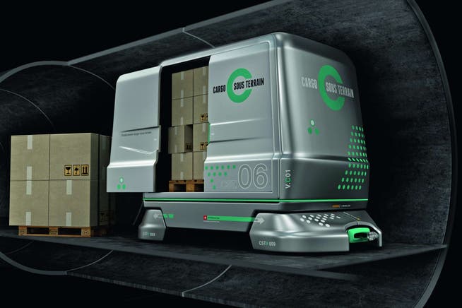 Visualisierung der Fahrzeuge von «Cargo sous terrain». Das System soll sich ein Netz von 500 Kilometer umfassen.