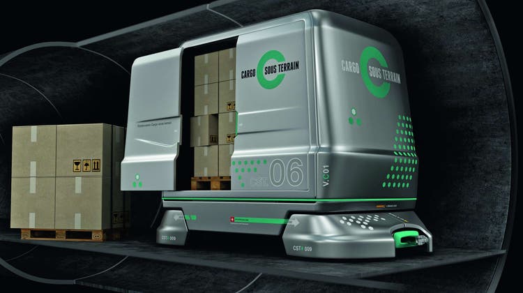 Visualisierung der Fahrzeuge von «Cargo sous terrain». Das System soll sich ein Netz von 500 Kilometer umfassen. (CST)