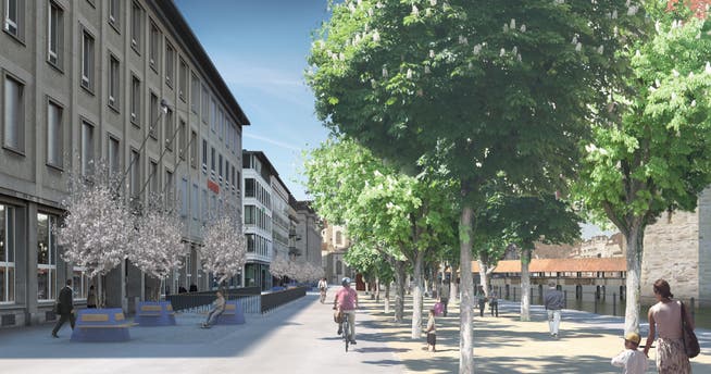 So soll die Bahnhofstrasse künftig aussehen, links vor dem Swisscom-Gebäude sind die Geländer der Rampe zur unterirdischen Velostation zu sehen.