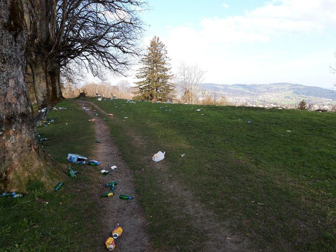 Am Sonntagmorgen auf dem Freudenberg: Bei Spaziergängerinnen und Spaziergängern kam diese Abfalllawine nach einer nächtlichen Party gar nicht gut an.