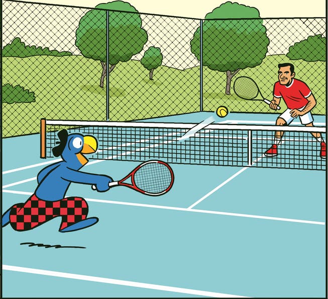 Globi ist ein richtiges Multitalent: Selbst Tennisspielen scheint ihm locker zu gelingen. 