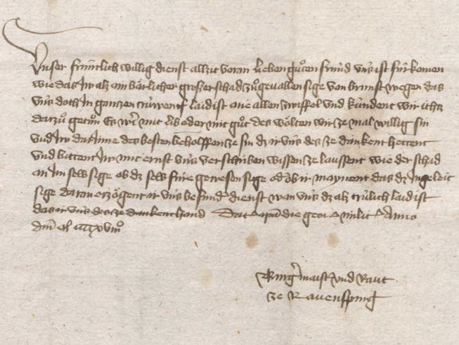 Trouvaille aus dem Archiv: Ein Beileidsschreiben aus Ravensburg nach dem St.Galler Stadtbrand von 1418. Die Ravensburger bieten ein Darlehen von 400 Gulden für den Wiederaufbau an.