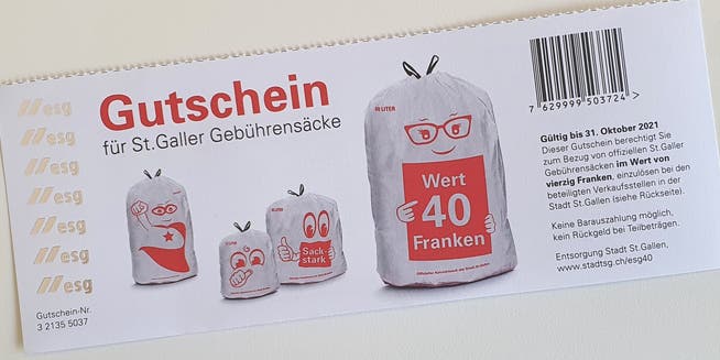 Einer der 40-Franken-Gutscheine für den Gratisbezug von offiziellen Kehrichtsäcken der Stadt St.Gallen.