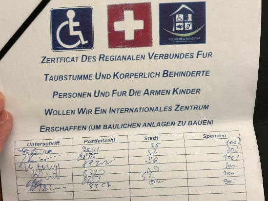 Ein fingiertes Formular, um Spenden für die Organisation «Handicap International» zu sammeln. Seine Machart sollte misstrauisch machen.