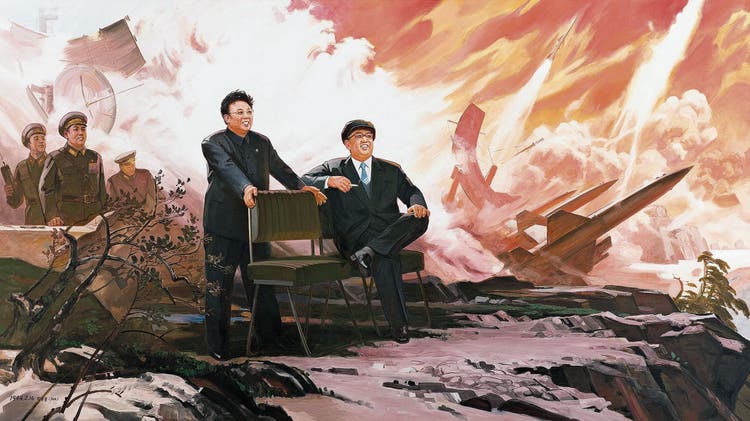 Der Führer ist noch im Kugelhagel die Ruhe selbst: Ölgemälde von Pak Yong Chol – «The Missiles»