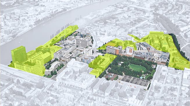 Die ehemaligen Areale der Novartis (gelb) und der BASF (hervorgehoben, nicht eingefärbt) sollen in den nächsten Jahren zum Stadtquartier werden.