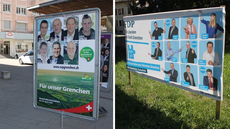 «Für ein freies und tolerantes Grenchen»: Wahlplakat der FDP auf der Schild-Rust-Wiese. (Andreas Toggweiler)
