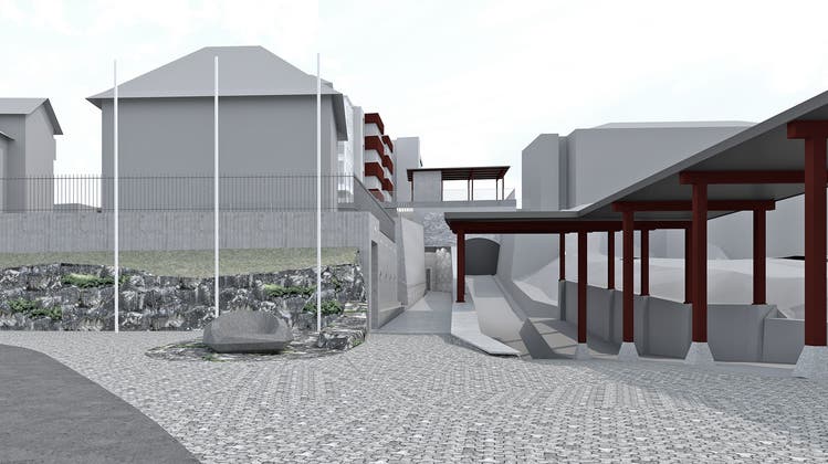 Visualisierung des geplanten Lifts, der vom Steinmättli-Parkplatz zur Nägeligasse führen soll. (Visualisierung: Gemeinde Stans/PD)