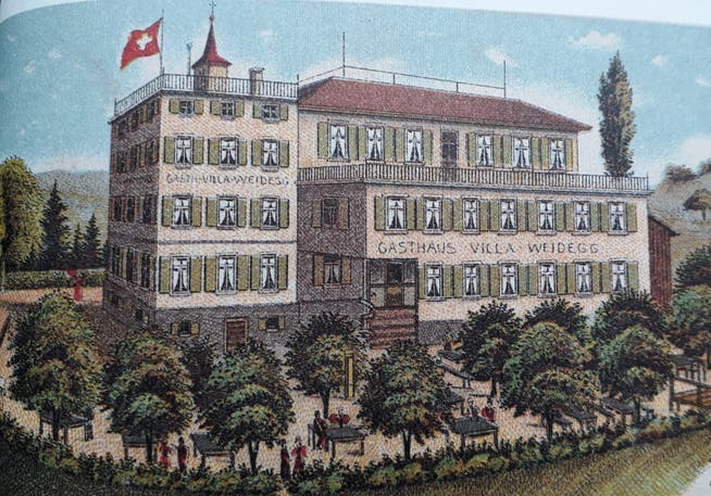 Die Villa Weidegg von der repräsentativen Nordseite her auf einer kolorierten Ansichtskarte.