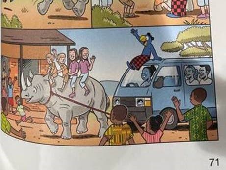 Ausriss aus dem neuen Kinderbuch «Globi und Roger» - mit der Nashorn-Episode auf Seite 71.