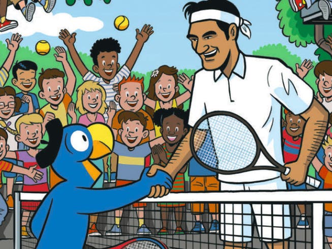 Zwei Nationalhelden vereint: Die Zeichentrickfigur Globi und Tennis-Maestro Roger Federer.