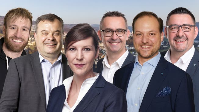 Am 13. Juni stehen Pirmin Umbricht, Adrian Hitz, Kim Schweri, Christian Gamma, Norbert Stichert und Christian Keller zur Wahl (v.l.)