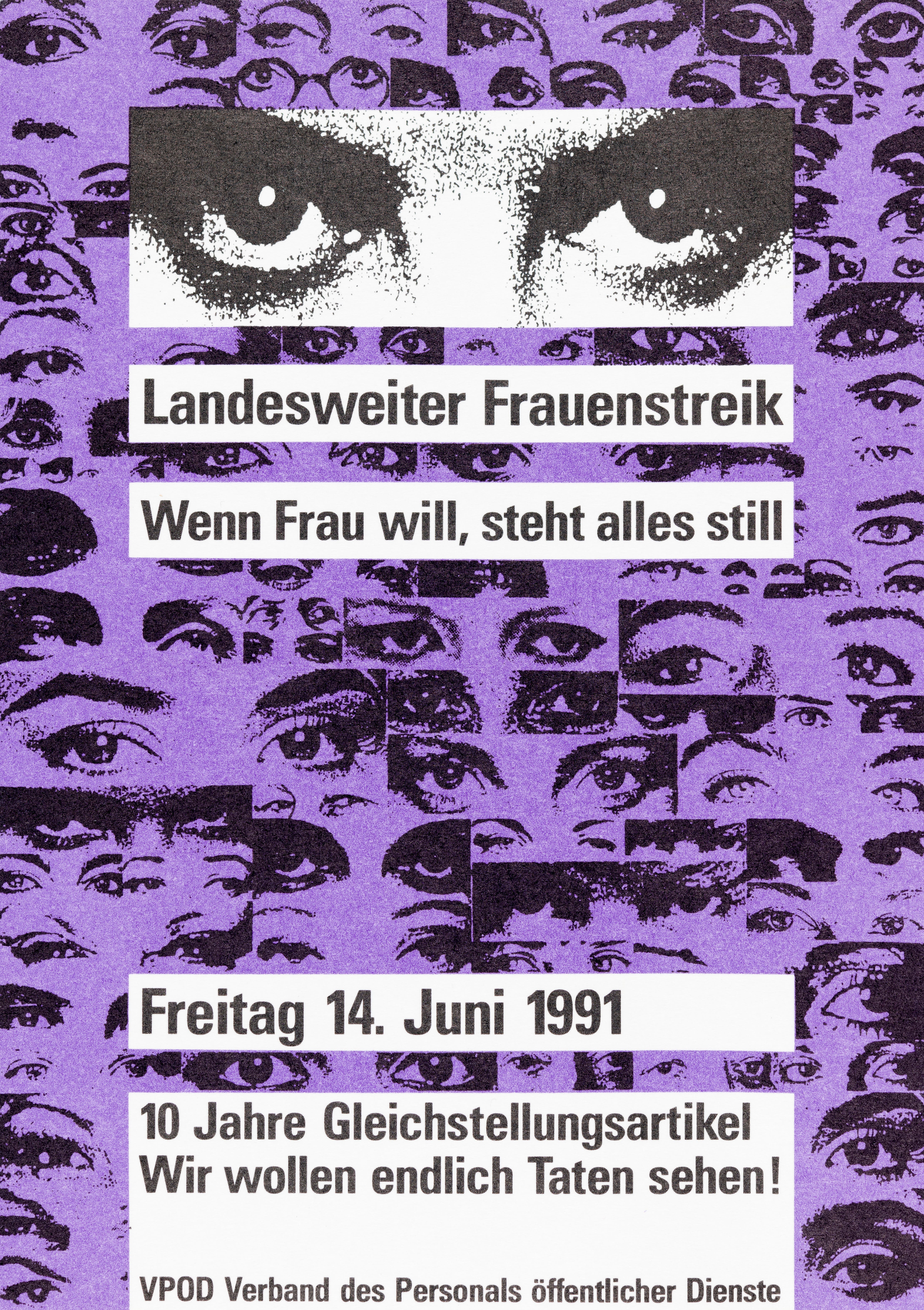 Das Plakat «Landesweiter Frauenstreik – 14. Juni 1991 – Wenn Frau will, steht alles still» von der Berner Grafikerin Agnes Weber warb in verschiedenen Ausführungen – hier im Namen des VPOD – für den Frauenstreik am 14. Juni 1991.