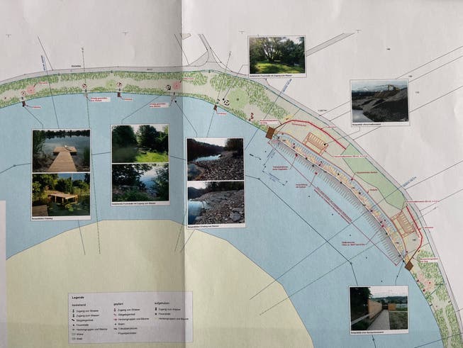 Projektplan mit dem abgesperrten Gebiet auf der rechten Seite mit zwei Steilwänden für die Uferschwalben, im linken Uferteil sind neue Feuerstellen geplant. Den Holzsteg aber gibt es nicht.