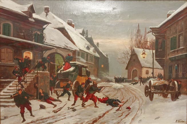 Gemälde von der Schlacht bei Villersexel, südwestlich von Belfort, bei der am 9. Januar 1871 die Ostarmee von Bourbaki auf die Deutschen getroffen ist.