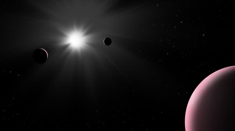 So stellen sich die Forschenden den hellen, sonnenähnlichen Stern im «Lupus» und dessen drei Exoplaneten vor. (ESA)