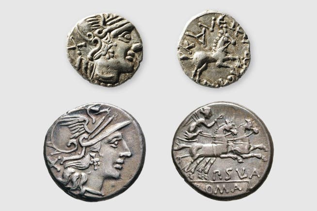 Eine der ältesten Münzen aus den jüngsten Grabungen ist der von Marcus Mohler gefundene Kaletedou-Sula-Quinar aus keltischer Zeit (oben). Darunter sein Vorbild aus römischer Zeit, ein römischer Denar des Publius Sula aus dem Jahr 151 vor Christus.