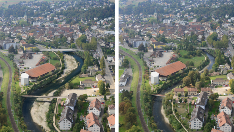 Mit zwei grossen Kiesbänken und neuen Brücken (Visualisierung links) wird die Birs in den Gebieten Norimatt und Nau in Laufen ihr Gesicht im Vergleich zu heute (rechts) deutlich verändern. 