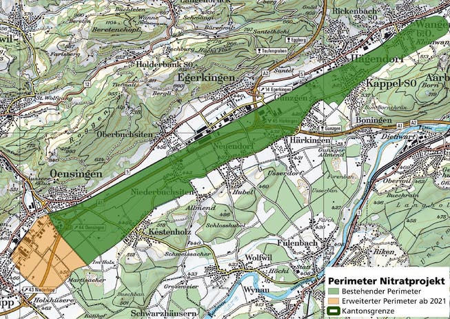 Die grün eingefärbte Fläche zeigt die Fläche des Projekts vor 2021. Mittlerweile ist auch ein Teil der Gemeinde Niederbipp dazugekommen (orange). 
